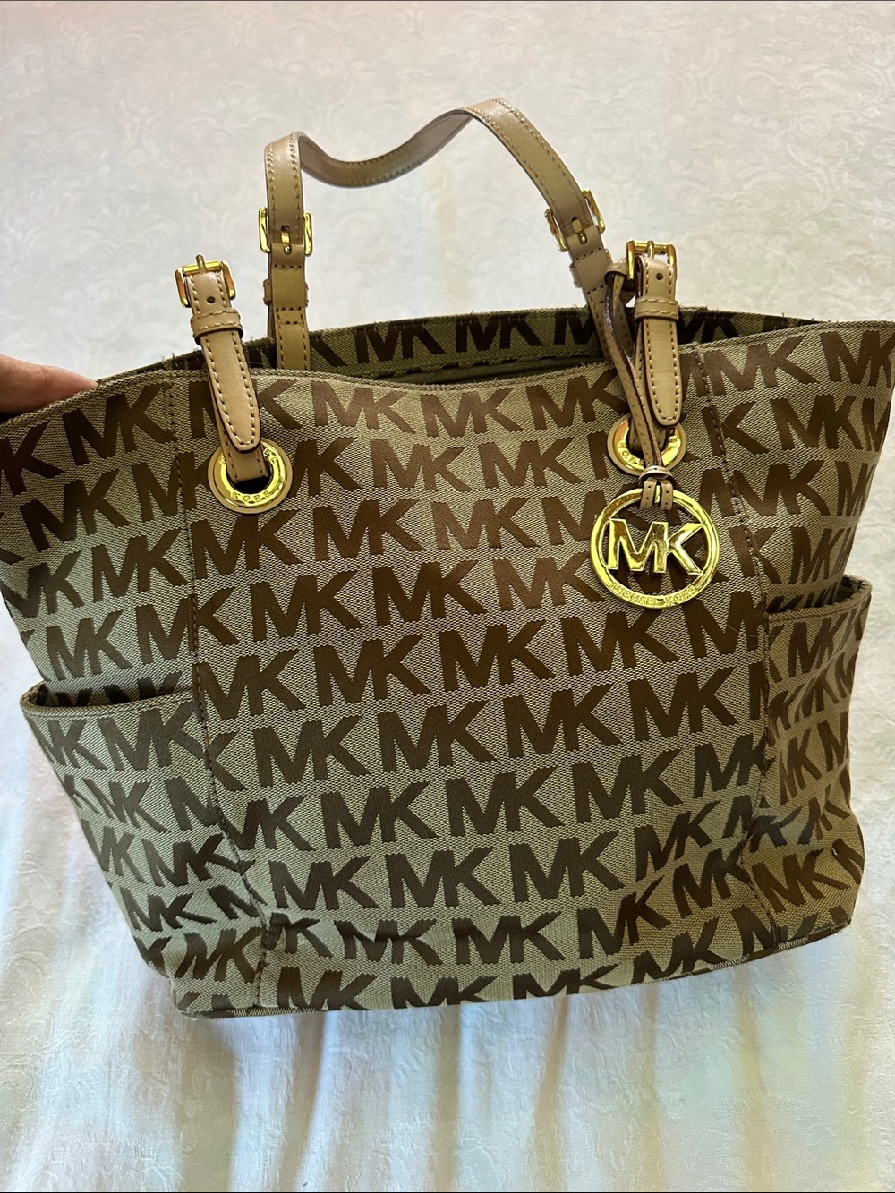Michael Kors Tan and Brown MK Logo Tote with Gold Hardware - Picture 1 of 14